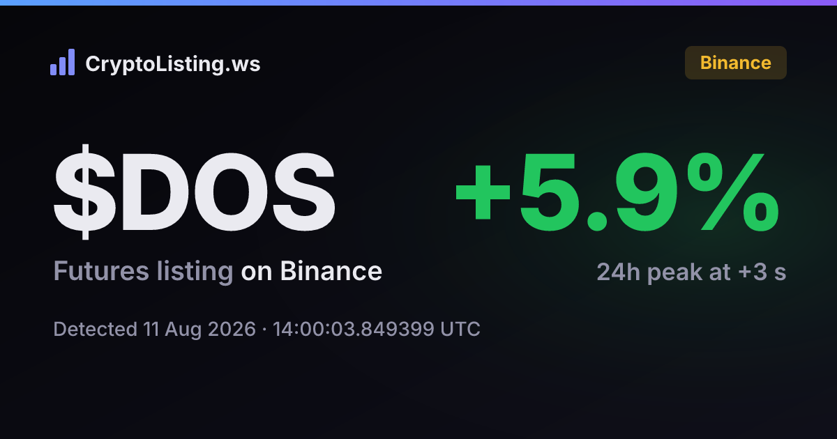 DOS: Binance futures listing on 11 Aug 2026 — price move after detection (CryptoListing.ws card)