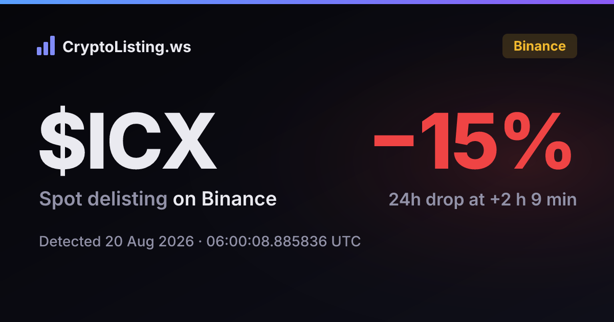 ICX: Binance delisting on 20 Aug 2026 — price move after detection (CryptoListing.ws card)