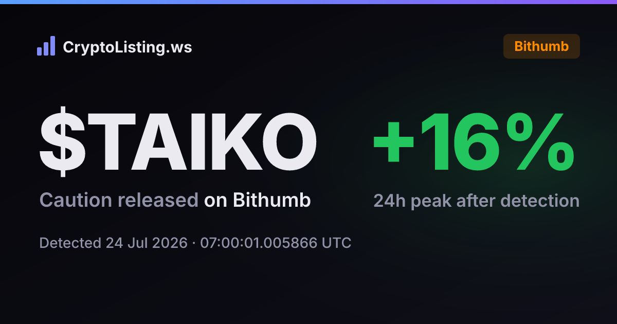 타이코(TAIKO): 빗썸 유의종목 지정 해제 공지, 2026년 7월 24일 — 감지 후 가격 변동 카드 (CryptoListing.ws)