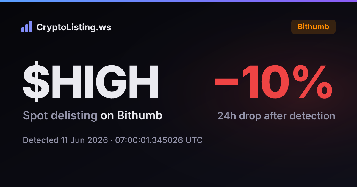 HIGH: 빗썸 상장폐지 공지, 2026년 6월 11일 — 감지 후 가격 변동 카드 (CryptoListing.ws)