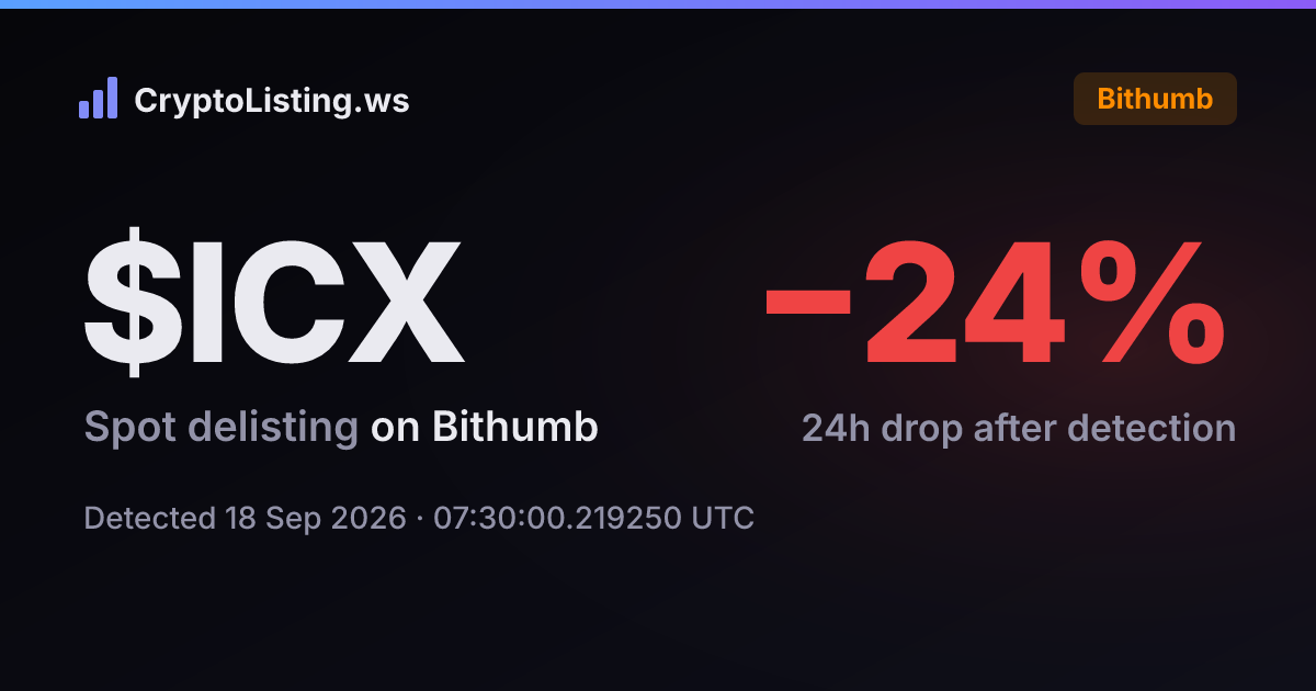 아이콘(ICX): 빗썸 상장폐지 공지, 2026년 9월 18일 — 감지 후 가격 변동 카드 (CryptoListing.ws)
