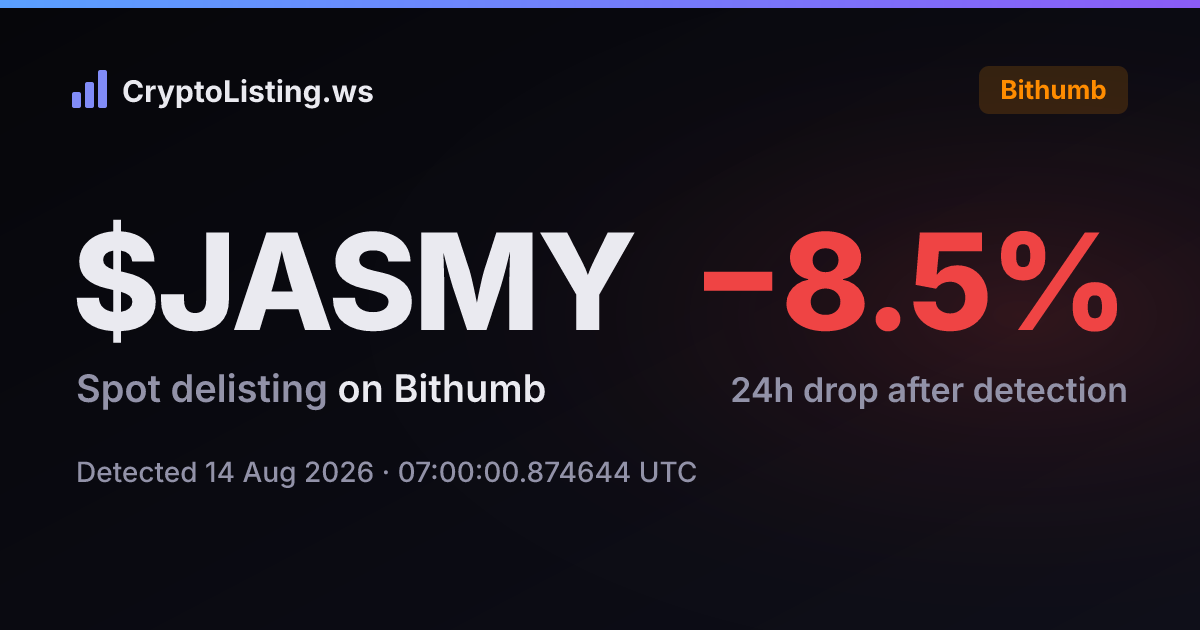 JASMY: 빗썸 상장폐지 공지, 2026년 8월 14일 — 감지 후 가격 변동 카드 (CryptoListing.ws)