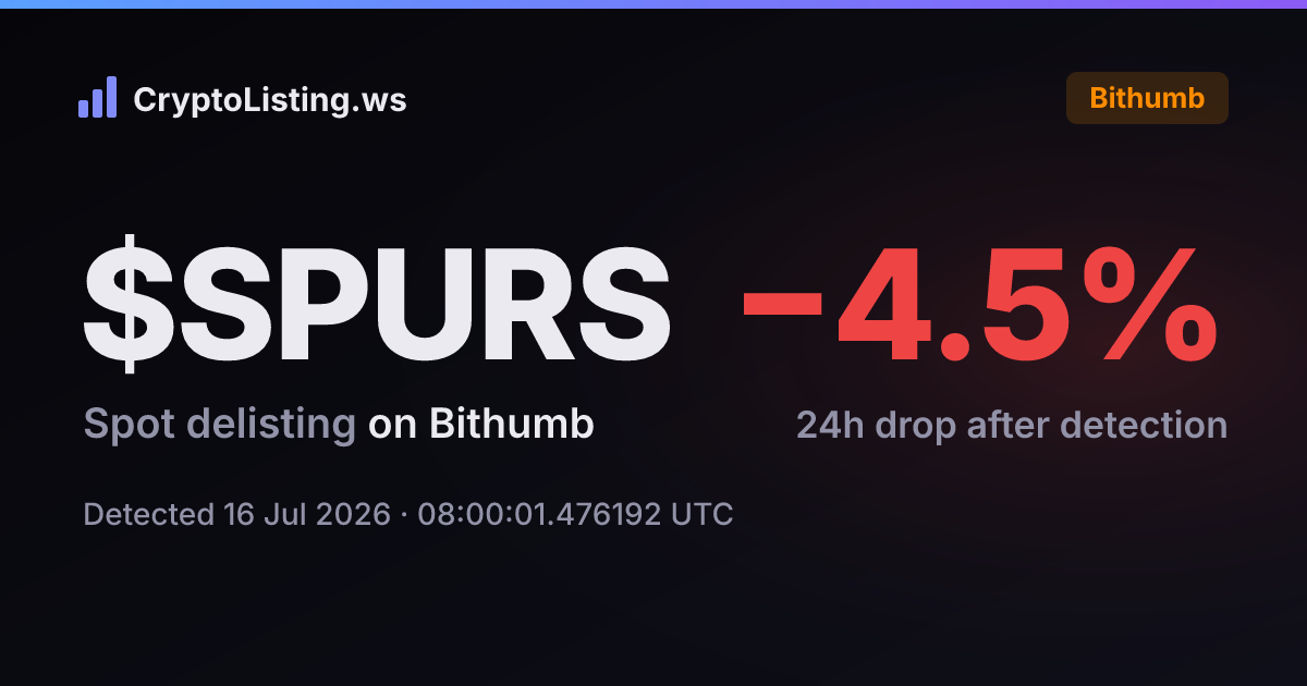 SPURS: 빗썸 상장폐지 공지, 2026년 7월 16일 — 감지 후 가격 변동 카드 (CryptoListing.ws)