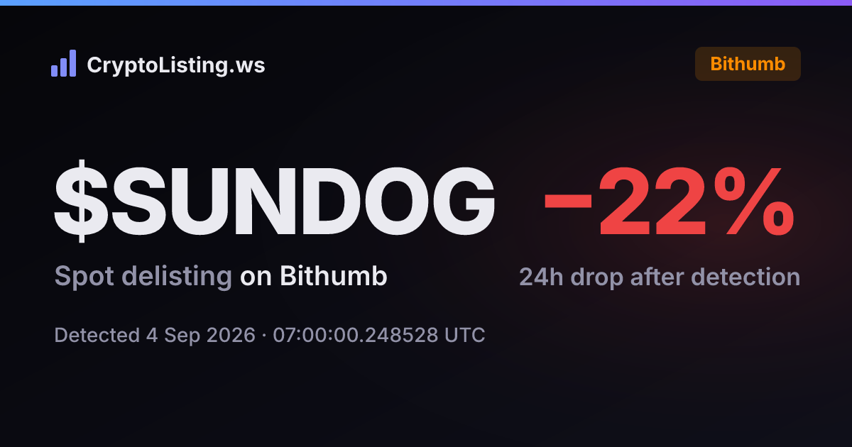 썬도그(SUNDOG): 빗썸 상장폐지 공지, 2026년 9월 4일 — 감지 후 가격 변동 카드 (CryptoListing.ws)