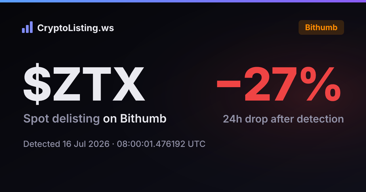 ZTX: 빗썸 상장폐지 공지, 2026년 7월 16일 — 감지 후 가격 변동 카드 (CryptoListing.ws)