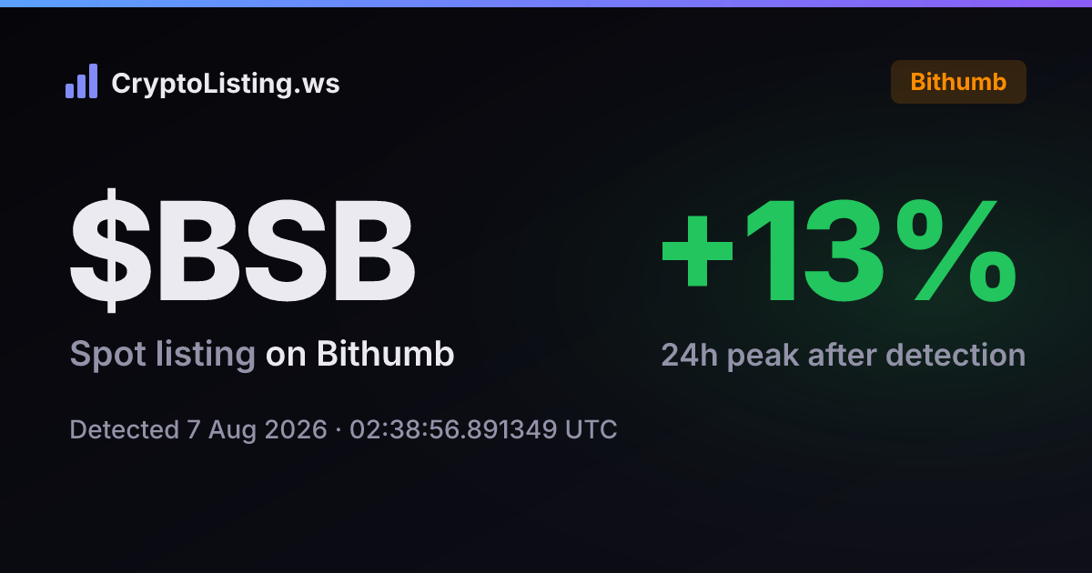 블록스트리트(BSB): 빗썸 신규 상장 공지, 2026년 8월 7일 — 감지 후 가격 변동 카드 (CryptoListing.ws)