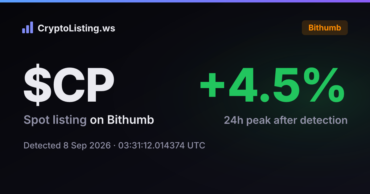 클러스터프로토콜(CP): 빗썸 신규 상장 공지, 2026년 9월 8일 — 감지 후 가격 변동 카드 (CryptoListing.ws)