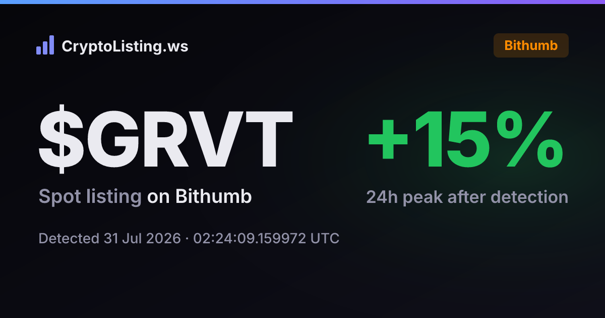 그래비티토큰(GRVT): 빗썸 신규 상장 공지, 2026년 7월 31일 — 감지 후 가격 변동 카드 (CryptoListing.ws)