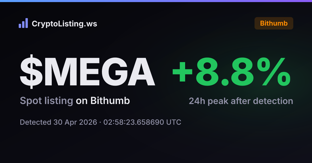 메가이더(MEGA): 빗썸 신규 상장 공지, 2026년 4월 30일 — 감지 후 가격 변동 카드 (CryptoListing.ws)