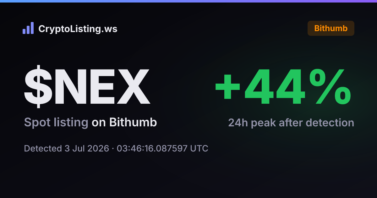 넥서스(NEX): 빗썸 신규 상장 공지, 2026년 7월 3일 — 감지 후 가격 변동 카드 (CryptoListing.ws)