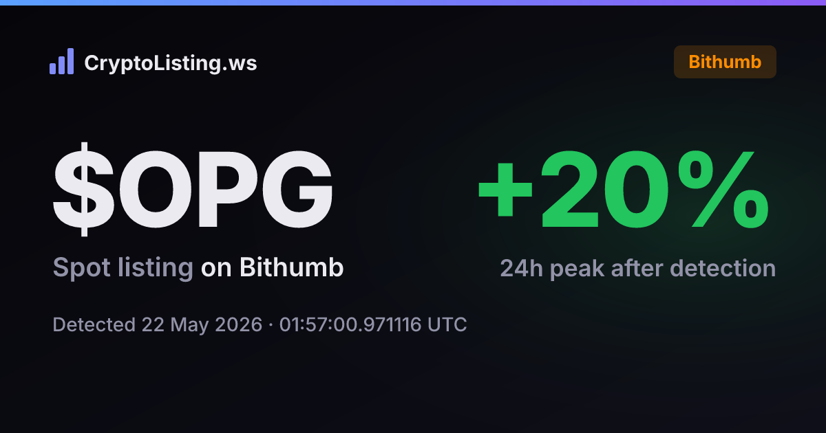 오픈그라디언트(OPG): 빗썸 신규 상장 공지, 2026년 5월 22일 — 감지 후 가격 변동 카드 (CryptoListing.ws)