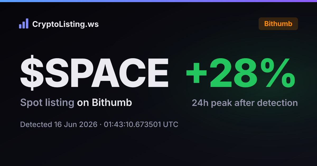 스페이스코인(SPACE): 빗썸 신규 상장 공지, 2026년 6월 16일 — 감지 후 가격 변동 카드 (CryptoListing.ws)