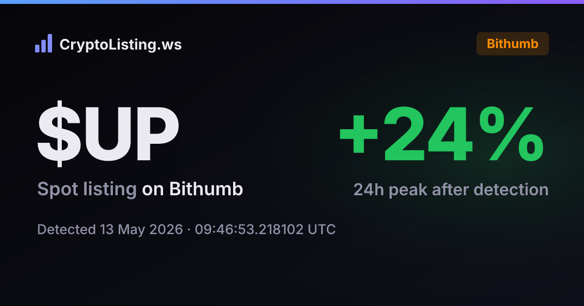 슈퍼폼(UP): 빗썸 신규 상장 공지, 2026년 5월 13일 — 감지 후 가격 변동 카드 (CryptoListing.ws)