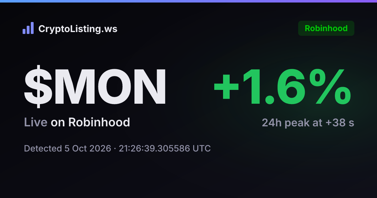 MON: Robinhood live on 5 Oct 2026 — price move after detection (CryptoListing.ws card)