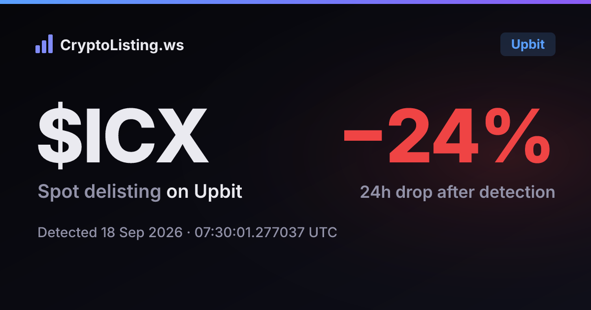 아이콘(ICX): 업비트 상장폐지 공지, 2026년 9월 18일 — 감지 후 가격 변동 카드 (CryptoListing.ws)