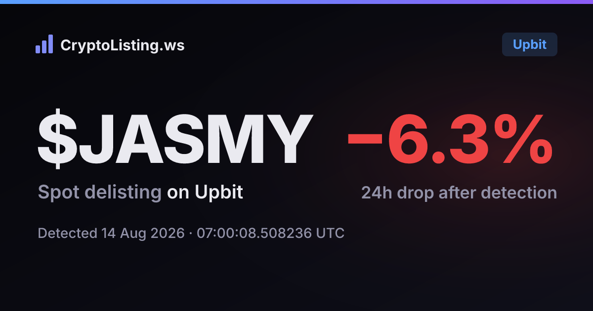 JASMY: 업비트 상장폐지 공지, 2026년 8월 14일 — 감지 후 가격 변동 카드 (CryptoListing.ws)