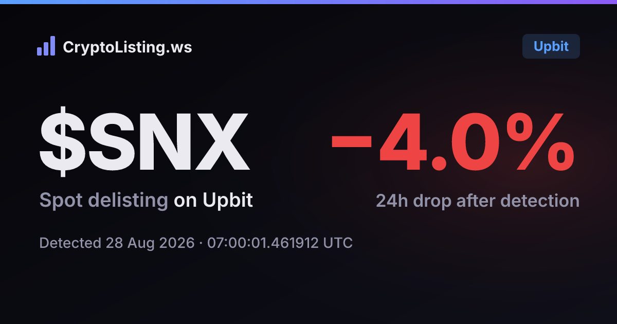 SNX: 업비트 상장폐지 공지, 2026년 8월 28일 — 감지 후 가격 변동 카드 (CryptoListing.ws)