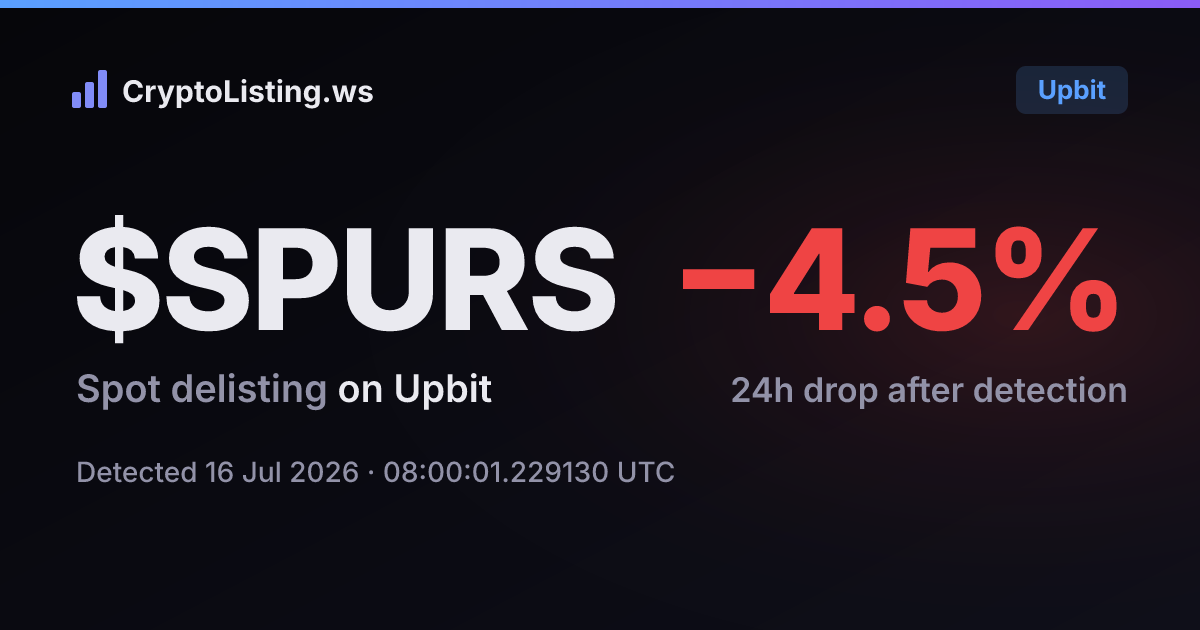 SPURS: 업비트 상장폐지 공지, 2026년 7월 16일 — 감지 후 가격 변동 카드 (CryptoListing.ws)