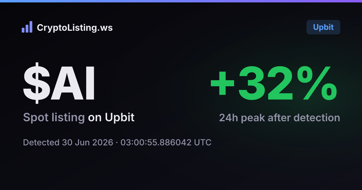 젠신(AI): 업비트 신규 상장 공지, 2026년 6월 30일 — 감지 후 가격 변동 카드 (CryptoListing.ws)