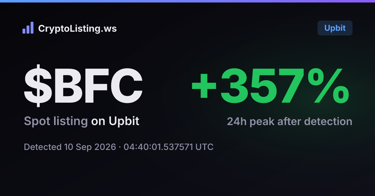 바이프로스트(BFC): 업비트 신규 상장 공지, 2026년 9월 10일 — 감지 후 가격 변동 카드 (CryptoListing.ws)