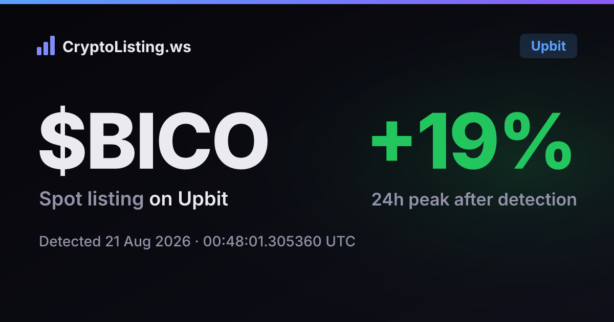 바이코노미(BICO): 업비트 신규 상장 공지, 2026년 8월 21일 — 감지 후 가격 변동 카드 (CryptoListing.ws)