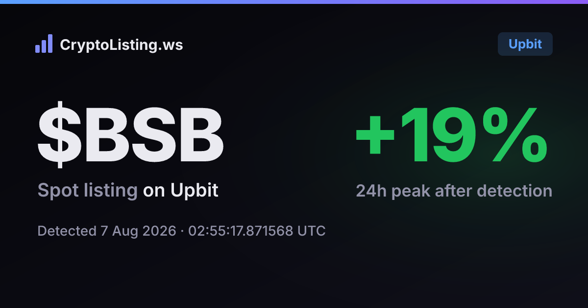 블록스트리트(BSB): 업비트 신규 상장 공지, 2026년 8월 7일 — 감지 후 가격 변동 카드 (CryptoListing.ws)