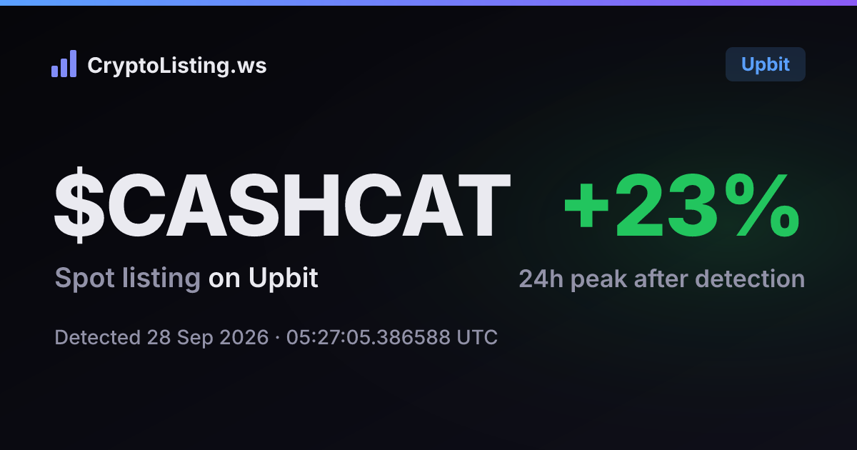 캐시캣(CASHCAT): 업비트 신규 상장 공지, 2026년 9월 28일 — 감지 후 가격 변동 카드 (CryptoListing.ws)