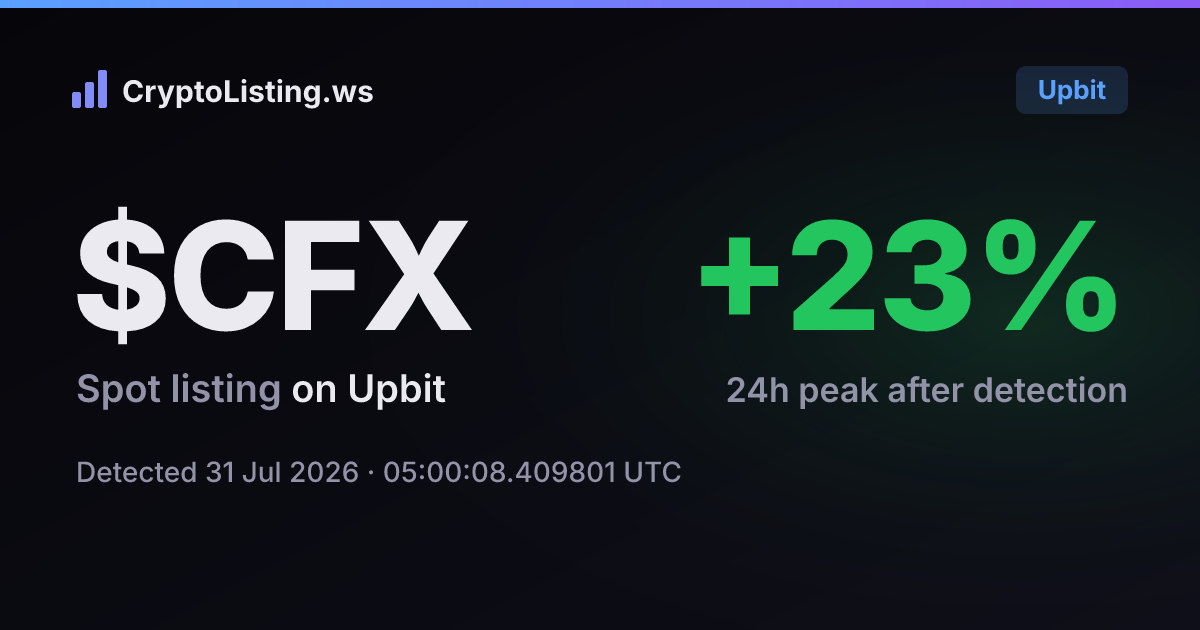콘플럭스(CFX): 업비트 신규 상장 공지, 2026년 7월 31일 — 감지 후 가격 변동 카드 (CryptoListing.ws)