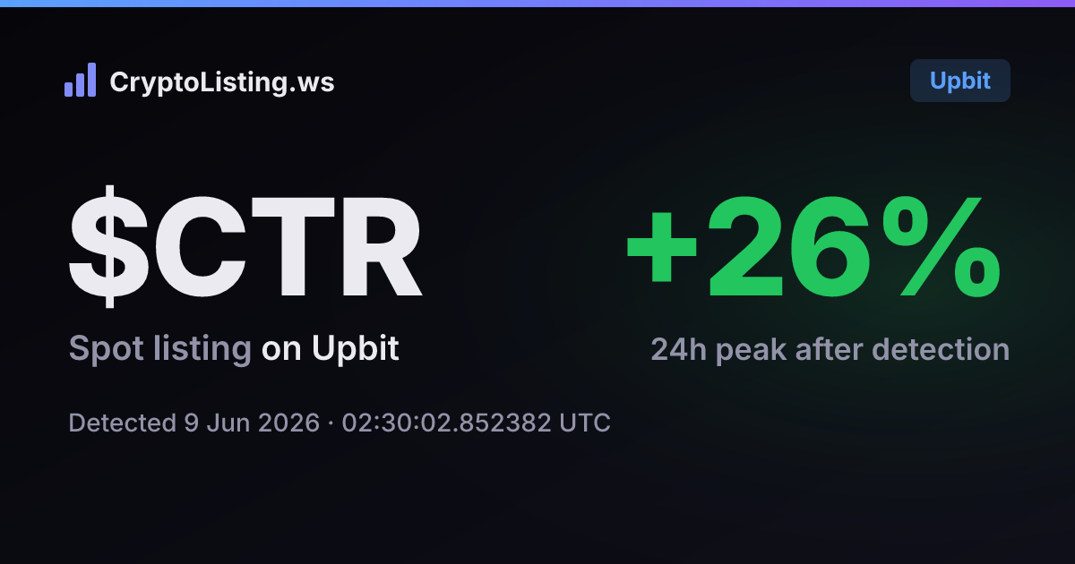 시트레아(CTR): 업비트 신규 상장 공지, 2026년 6월 9일 — 감지 후 가격 변동 카드 (CryptoListing.ws)