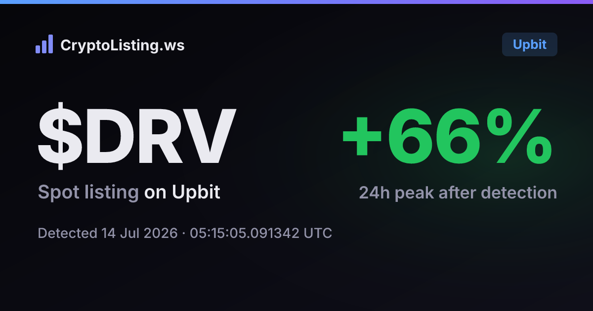 디라이브(DRV): 업비트 신규 상장 공지, 2026년 7월 14일 — 감지 후 가격 변동 카드 (CryptoListing.ws)