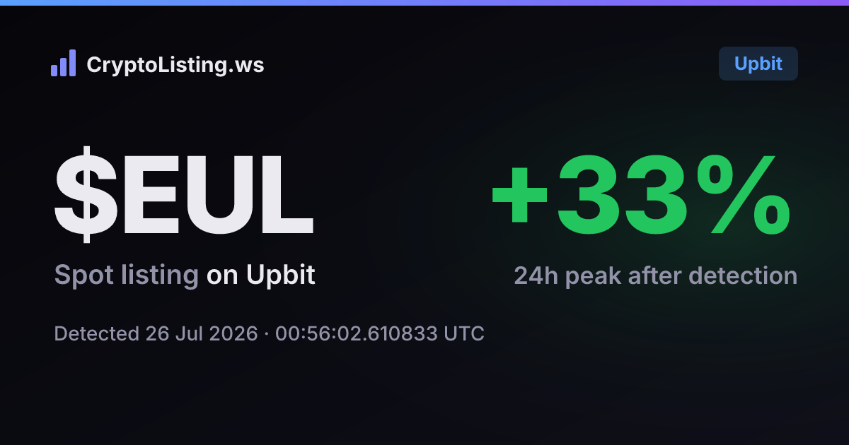 오일러(EUL): 업비트 신규 상장 공지, 2026년 7월 26일 — 감지 후 가격 변동 카드 (CryptoListing.ws)