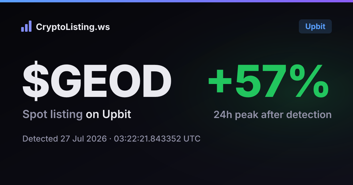 지오드넷(GEOD): 업비트 신규 상장 공지, 2026년 7월 27일 — 감지 후 가격 변동 카드 (CryptoListing.ws)