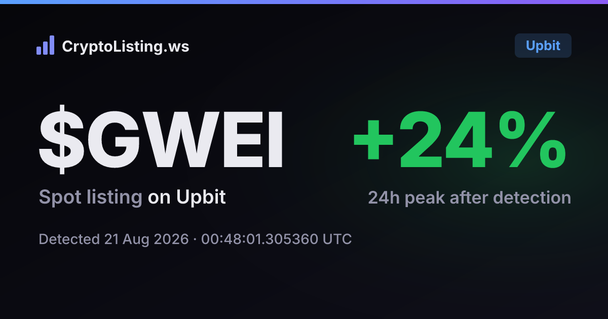 이더가스(GWEI): 업비트 신규 상장 공지, 2026년 8월 21일 — 감지 후 가격 변동 카드 (CryptoListing.ws)