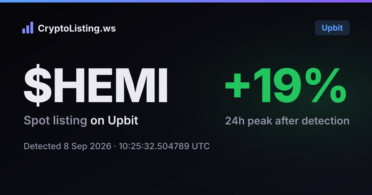 HEMI: 업비트 신규 상장 공지, 2026년 9월 8일 — 감지 후 가격 변동 카드 (CryptoListing.ws)