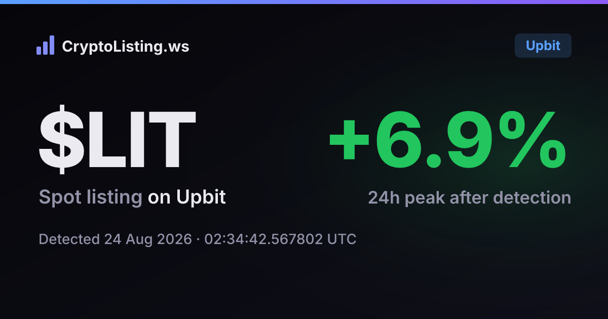 라이터(LIT): 업비트 신규 상장 공지, 2026년 8월 24일 — 감지 후 가격 변동 카드 (CryptoListing.ws)