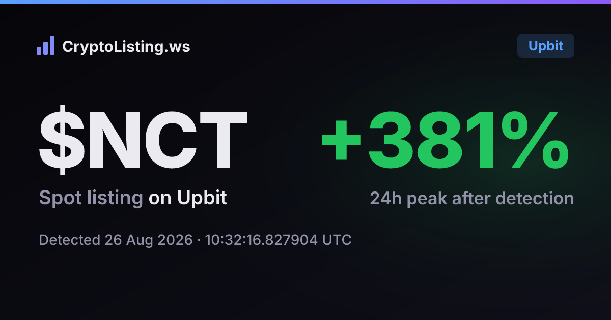 폴리스웜(NCT): 업비트 신규 상장 공지, 2026년 8월 26일 — 감지 후 가격 변동 카드 (CryptoListing.ws)