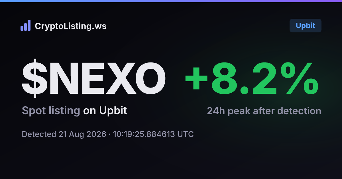 넥소(NEXO): 업비트 신규 상장 공지, 2026년 8월 21일 — 감지 후 가격 변동 카드 (CryptoListing.ws)