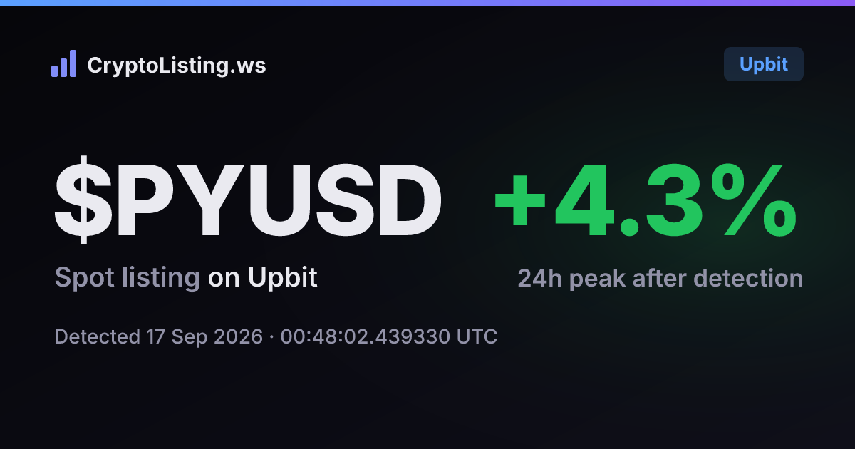 페이팔유에스디(PYUSD): 업비트 신규 상장 공지, 2026년 9월 17일 — 감지 후 가격 변동 카드 (CryptoListing.ws)