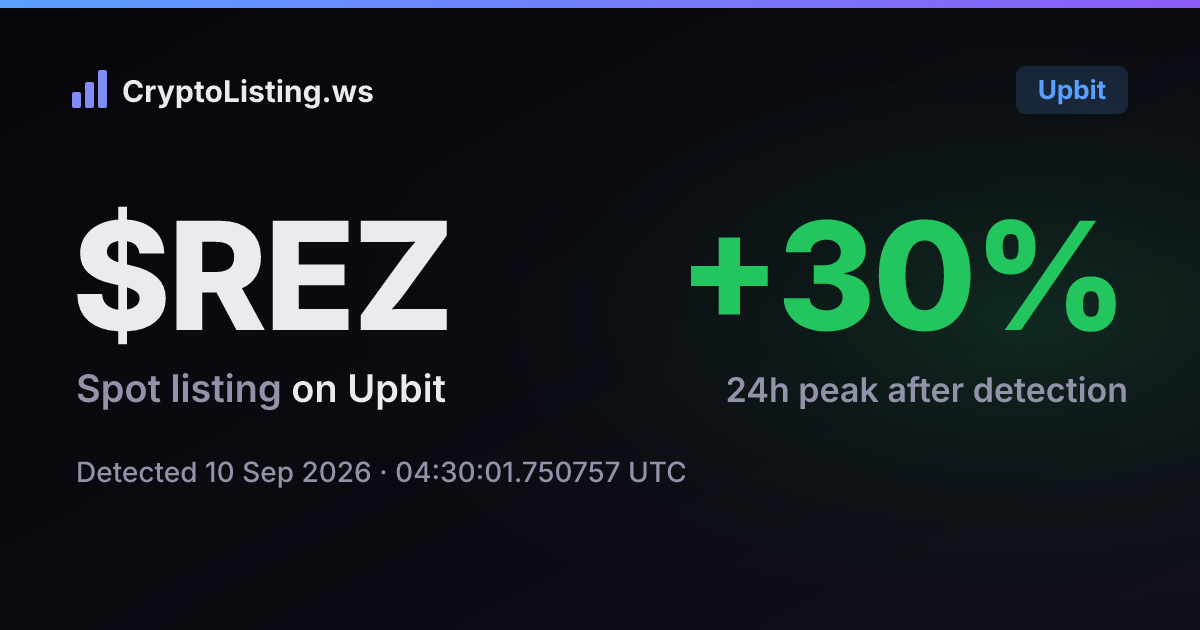 렌조(REZ): 업비트 신규 상장 공지, 2026년 9월 10일 — 감지 후 가격 변동 카드 (CryptoListing.ws)