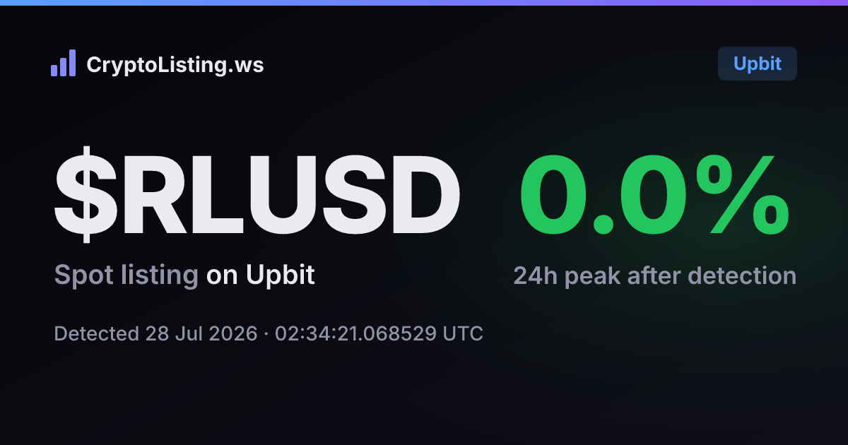 리플유에스디(RLUSD): 업비트 신규 상장 공지, 2026년 7월 28일 — 감지 후 가격 변동 카드 (CryptoListing.ws)
