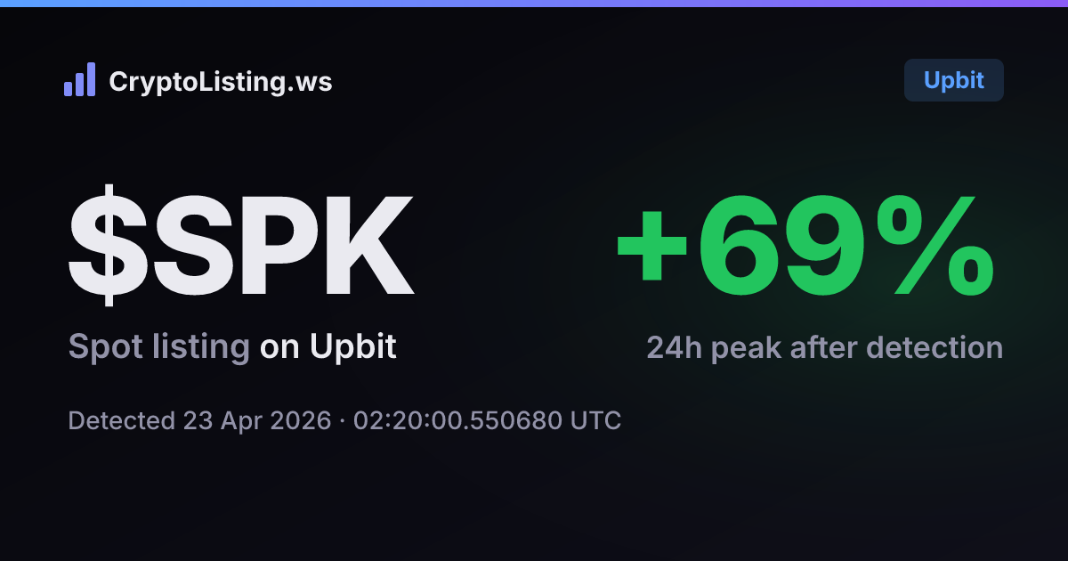 스파크(SPK): 업비트 신규 상장 공지, 2026년 4월 23일 — 감지 후 가격 변동 카드 (CryptoListing.ws)
