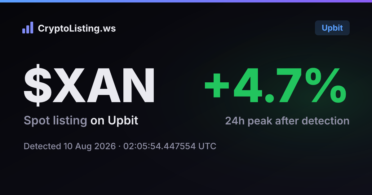 아노마(XAN): 업비트 신규 상장 공지, 2026년 8월 10일 — 감지 후 가격 변동 카드 (CryptoListing.ws)