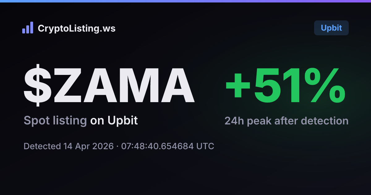 자마(ZAMA): 업비트 신규 상장 공지, 2026년 4월 14일 — 감지 후 가격 변동 카드 (CryptoListing.ws)